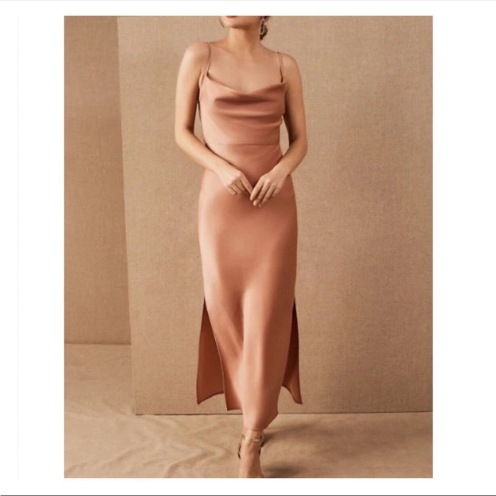 BHLN Satin Cowl Neck Midi Slip Dress Cali Sedona Size 0 bridesmaid
